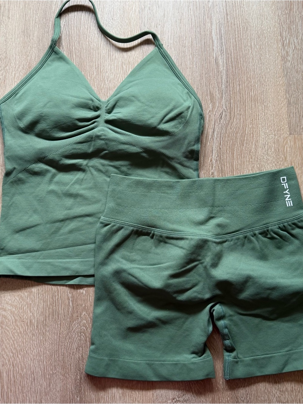 DFyne sage green impact sports bra and shorts set